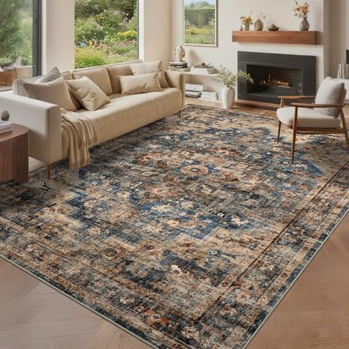 GarveeHome 10x13 Washable Vintage Living Room Blue&Brown Area Rug - Image 2