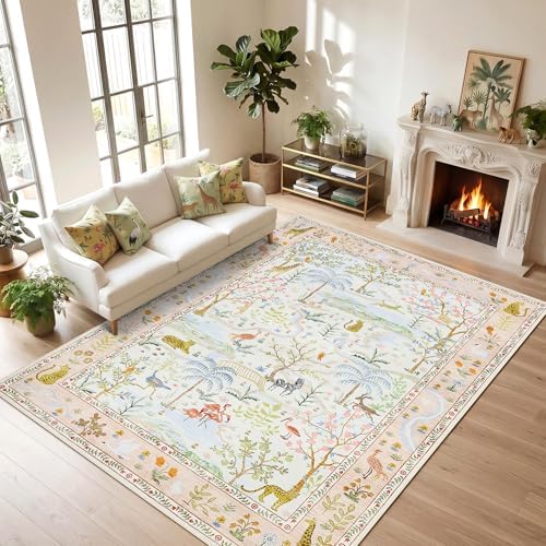 Washable Area Rug 5x7 Blush Animal Print Rugs for Nursery Non Slip Stain Resistant Forest Fairy Tale Throw Carpet Low Pile Whimsical Safari Area Rugs for Entryway Girls Bedroom Dining Room, PeachBlush - Image 4