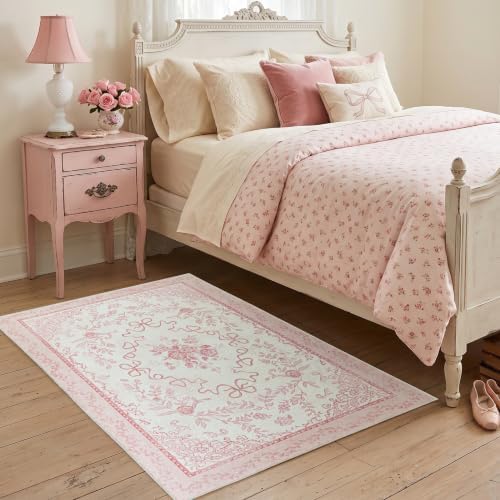 2x3 Small Pink Bow Vintage Floral Bathroom Rugs Washable, Cute Mini Area Rug for Entryway Kitchen Sink Girls Bedroom Bedside Vanity - Image 4