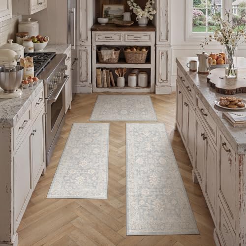 3 Piece Blue Cream Neutral Floral Kitchen Rug Set - Image 2