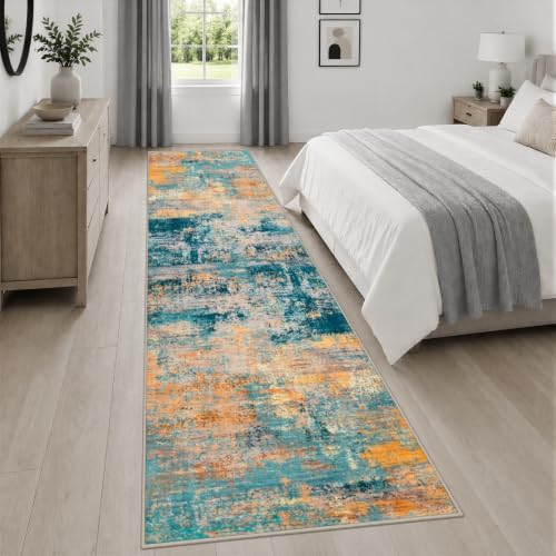 2.6x14 Washable Runner Rug:Modern Abstract Soft Carpet Rosy Haze - Image 4