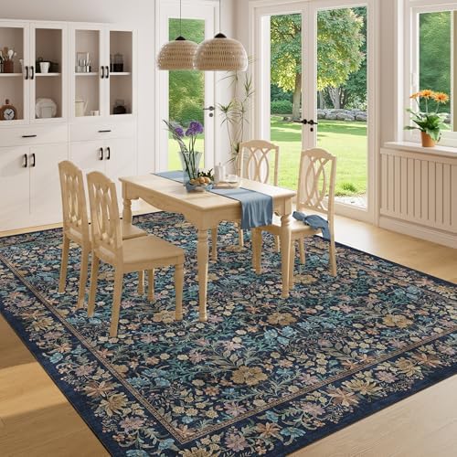 DUKINO 8x10 Area Rug, Vintage Floral Washable Rug for Living Room Dark Blue - Image 5