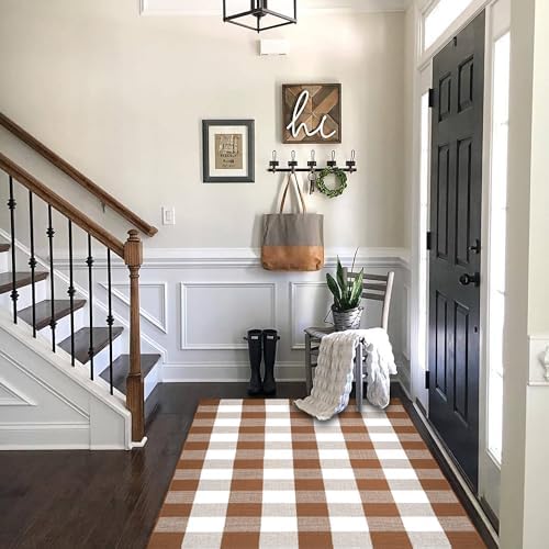 Homydecor Buffalo Plaid Outdoor Rugs, 3'x5' Coffe and White Checkered Area Rug, Layering Rug for Hello/Welcome Door Mat, Washable Cotton Woven Farmhouse Mat for Front Porch Décor - Image 4