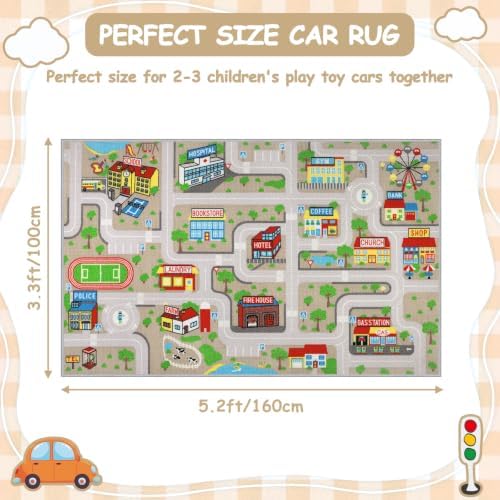 Capslpad Tan Car Road Kid Rug Carpet Playmat for Playoom Traffic Road Kids Play Mat for Toddler Non Slip Washable City Map Race Track Carpet Rug for Kids Room Bedroom Nursery Room Decor,5.2'x3.3' - Image 2