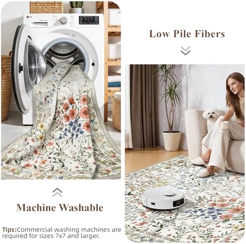 Living Room Rug 9x12: Large Vintage Floral Area Rug - Machine Washable Non Slip Low Pile Foldable Area Rug - Bedroom Dining Room Family Room Open Floor Farmhouse Indoor Carpet - 9'x12' Beige - Image 6
