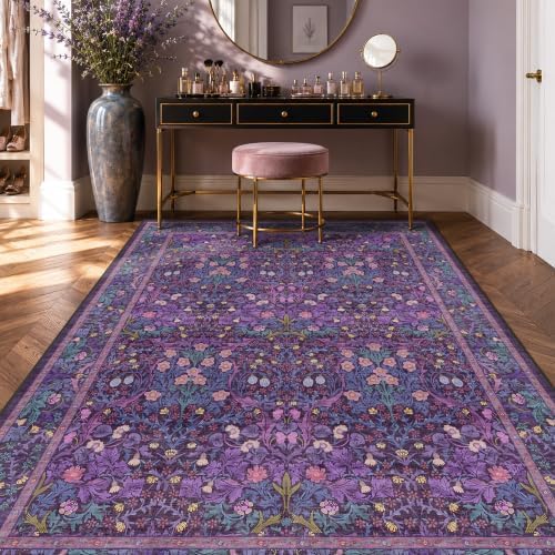 Washable Violet 5x7 Area Rug for Living Room, Vintage Dark Purple Dining Room Rugs for Under Table, Boho Foldable Low Pile Soft Carpet, Stain Resistant & Traditional Plum Floral Design - Image 3