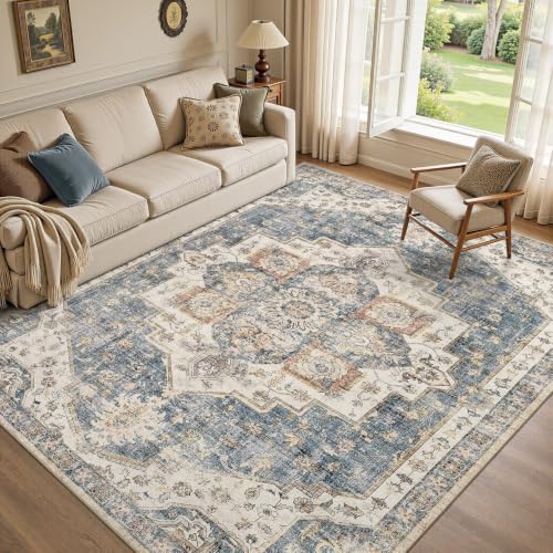 UERMEI 7x9 Area Rug for Living Room Washable Vintage Non Slip Blue Carpet by UERMEI
