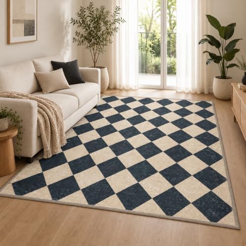 8x10 Checkered Area Rug for Living Room, Soft Low Pile Black & Taupe rugs by Unknown