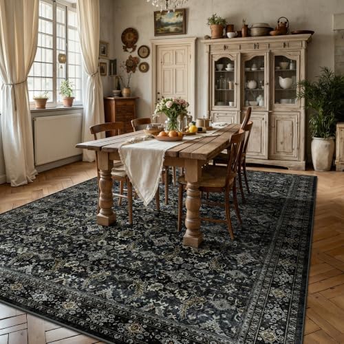6x9 Area Rugs - Washable Vintage Retro Living Room Rug, Soft Ultra Thin Non Slip Low Pile Traditional Distressed Boho Carpet for Bedroom Dining Room Nursery Home Office, Black Gold - Image 4