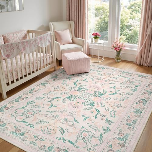 DCX Washable 5x7 Pink Rug, Floral Rug for Girl’s Bedroom by DCXWashableRug