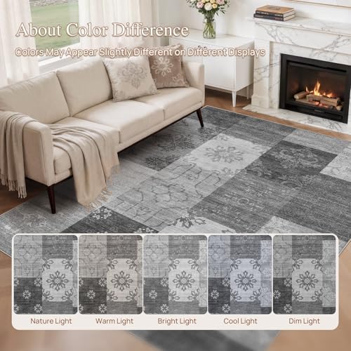 UERMEI 8x10 Area Rug for Living Room - Washable Vintage Carpet, Non-Slip Soft Large Indoor Floor Rugs for Bedroom Home Office & Under Dining Table Decor, Gray Block - Image 6