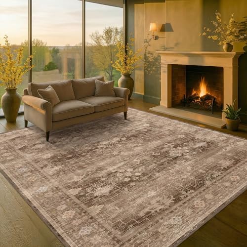Hazo Haus Boho Brown Living Room Rug 6x8 - Modern Vintage Traditional Oriental Taupe Neutral, Washable Low Pile Non-Slip Extra Large Area Rugs for Dining Under Table Bedroom Lounge by HazoHaus