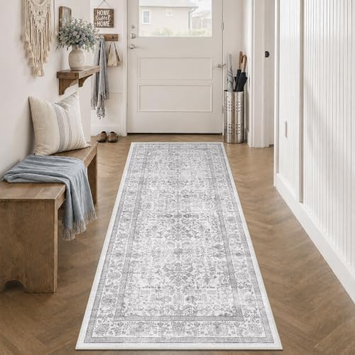 3x7 Washable Kitchen Runner Rug Non-Slip Vintage Gray Throw Carpet - Image 3