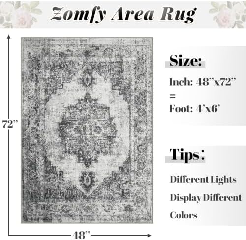 Area Rug 4x6 Vintage Rugs: Washable Indoor Medallion Rug Low Pile Distressed Floor Carpet Retro Accent Rugs for Living Room Bedroom Kitchen Dining Table Home Office(Black, 4'x6') - Image 2