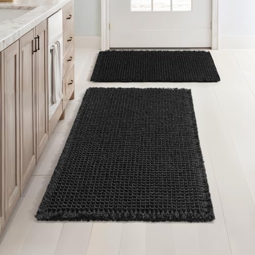MIULEE Set of 2 Waffle Bathroom Rugs Boho Bath Mat Black 17"x24"+20"x32" by MIULEE