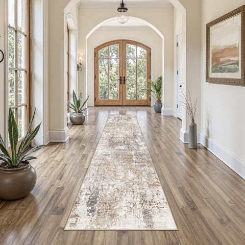 UERMEI 2x10 Washable Runner Rug for Hallway, Non Slip Low Pile Kitchen Carpet, Neutral Modern Abstract Indoor Floor Mat for Entryway Laundry, Kid & Pet Safe High Traffic Area, Brown/Grey/Red - Image 2