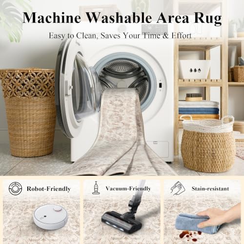 Washable 6ft Round Living Room Non-Slip Rug Retro Beige Throw Carpet - Image 5