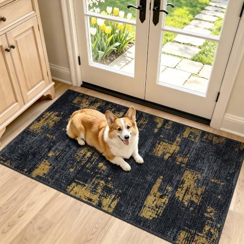 Entryway Runner Rug 2x4ft,Non Slip Carpet Runner, Navy/Gold by TTelephant
