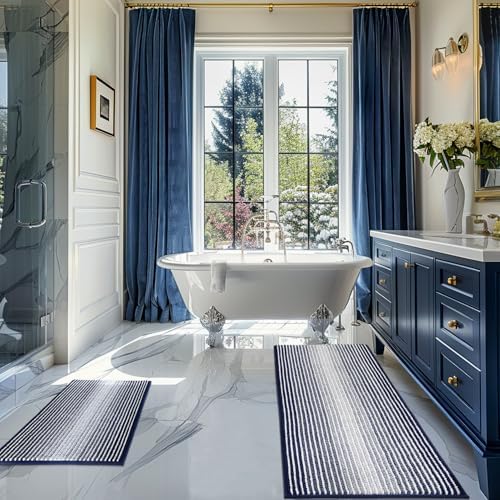 BSICPRO Bathroom Rugs Sets 2 Piece, Non Slip Striped Bath Mats, Navy by BSICPRO