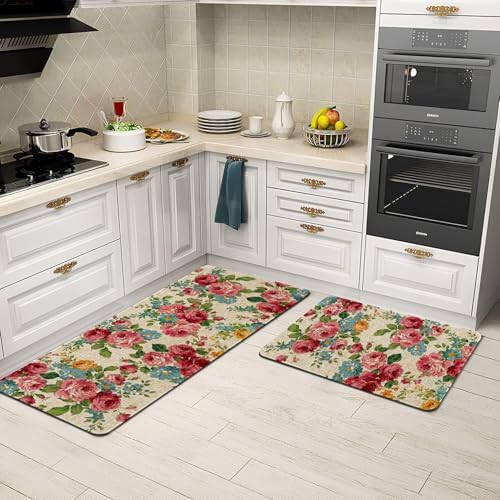 Red Pink Floral Kitchen Mats for Floor 2 Piece Home Decor, Country Spring Flower Kitchen Rugs Sets of 2 Non Slip Washable - Image 4