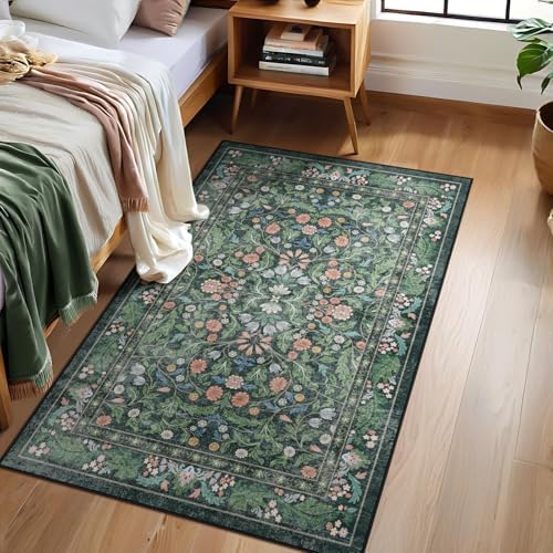Floral Indoor Entrance 3x5 Area Rug, Washable Vintage Boho Entryway Rugs, Low Pile Non Slip Soft Carpet for Kitchen, Bedroom Beside, Laundry Room, Office Rug, Kids Room, Nursery Room， Green - Image 2