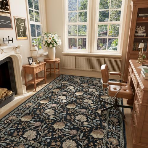 DUKINO 5x8 Area Rug, Vintage Floral Washable Rugs for Living Room, Black - Image 2