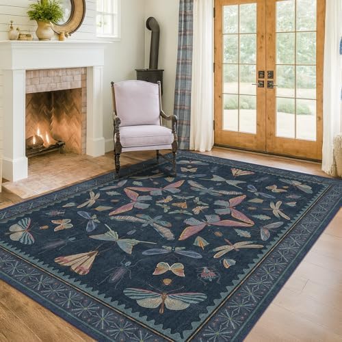 5x7 Navy Blue Boho Rugs for Living Room, Stain Resistant Non Slip Area Rug for Dining Room, Whimsical Bedroom Insect Carpet, Dark Vintage Décor Indoor, Low Pile & Soft by HazoHaus