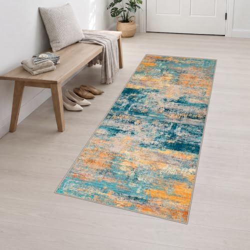 2.6x8 Washable Runner Rug：Modern Abstract Soft Carpet Rosy Haze - Image 3