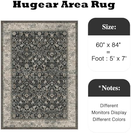 HUGEAR 5x7 Black Beige Vintage Floral Washable Area Rug for Living Room - Image 2
