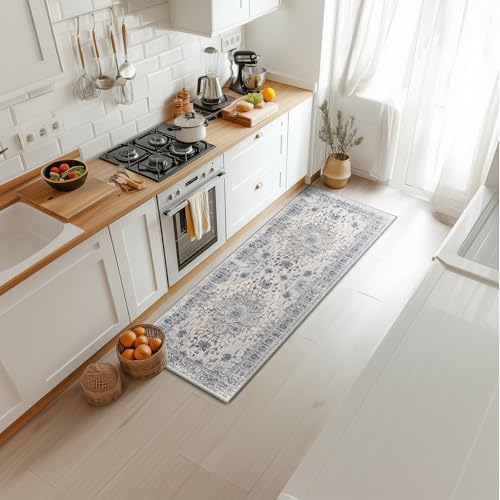 BESTSWEETIE Washable Boho 2x6 Runner Rug, No Pile, Living Room, Beige Blue by BESTSWEETIE