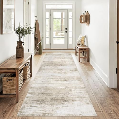 Washable 2x6 Runner Rug for Hallway: Kitchen Runner Non Slip Neutral Soft Abstract Modern Low Pile Stain Resistant Carpet Runner for Bedroom Beside Entryway Bathroom Laundry Indoor (Beige, 2'x6') by LOSBULAKE
