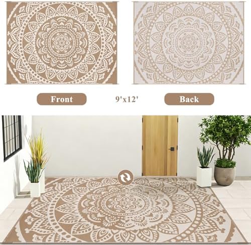 Bsmathom Waterproof Outdoor Rug 9x12ft Large Reversible Boho Plastic Straw Patio Deck Camping Rugs, Indoor Outdoor Portable RV Mat Carpet for Outside, Porch, Balcony, Backyard, Beach, Pool,Brown - Image 5