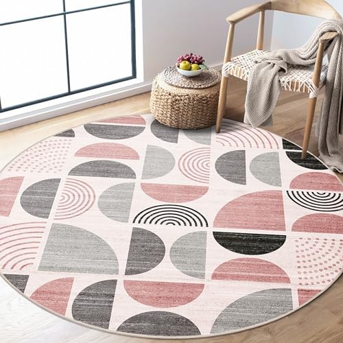 MUJOO Round Rugs 5ft,Circle Area Rug Washable Non Slip Modern Abstract by MUJOO