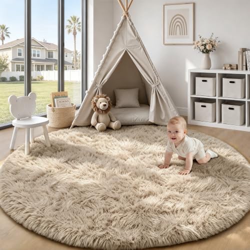 TENGTENGLINK 6ft Round Shag Area Rug Living Room Bedroom Washable Camel - Image 3