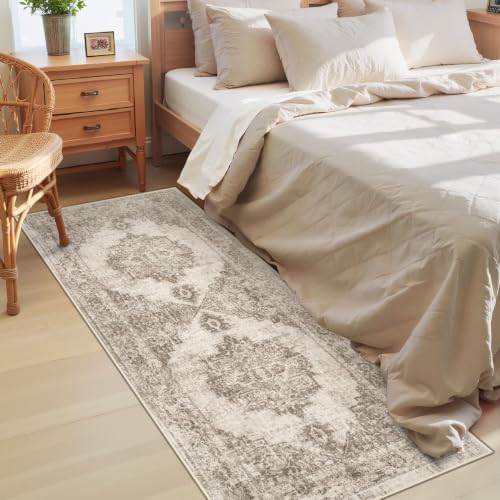 Area Rug 2x6 Runner Rugs: Washable Vintage Hallway Rug Indoor Medallion Rugs Low Pile Distressed Floor Carpet Retro Accent Rug for Kitchen Bedroom Bathroom Dining Room(Taupe, 2'x6') - Image 4