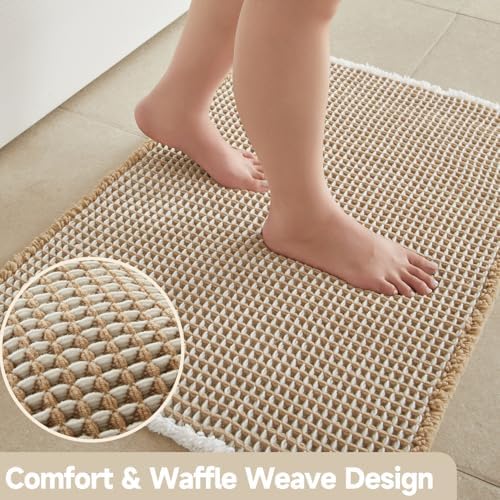 TYUU Waffle Bath Mat, Boho Bathroom Rugs Non Slip, 36x24 Khaki & White - Image 3