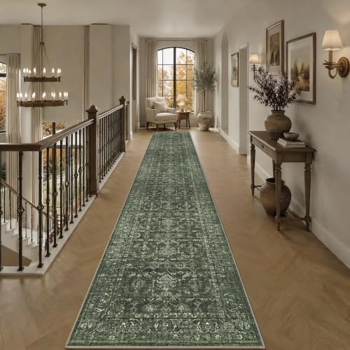 3x14 Washable Kitchen Runner Rug Soft Vintage Dark Green Throw Carpet - Image 3
