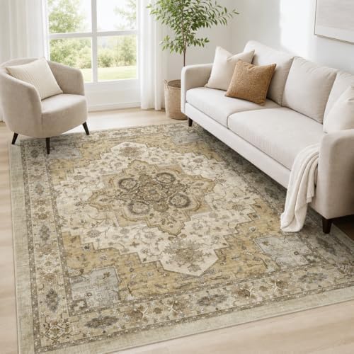 Amada Vintage Washable Area Rug,8'x10',Beige/Cream - Image 2