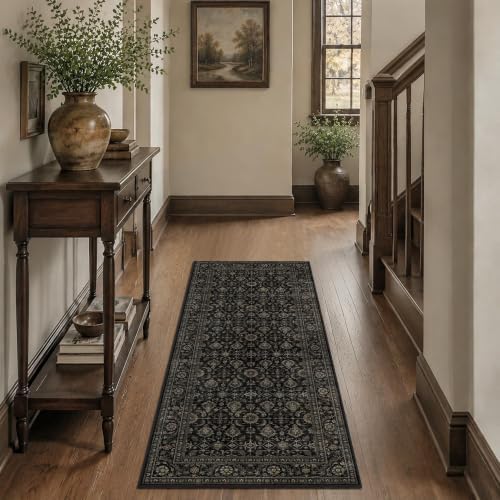 JOOJA 2x5 Black Gold Vintage Floral Low Pile Non Slip Washable Runner Rug - Image 3