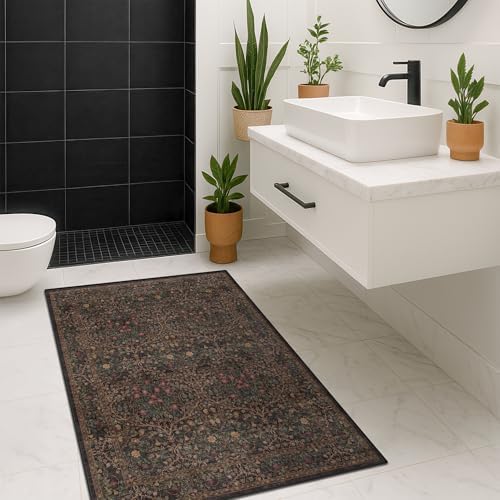 Vintage Dark Brown 3x4 Entryway Rug, Washable Small Area Rugs for Entry Way, Kitchen, Bathroom, Door Mat Indoor Entrance, Mudroom, Oriental Floral Low Pile Stain Resistant Non-Slip Throw Rug - Image 3
