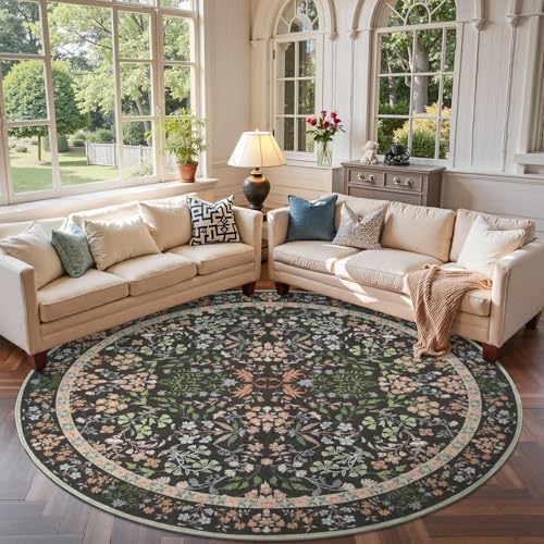 jinchan 7ft Washable Round Area Rug, Vintage Floral, Black by JINCHAN