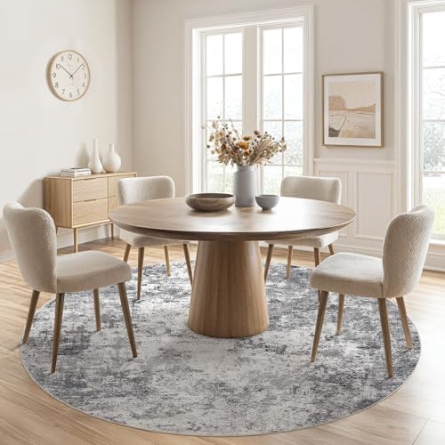 UERMEI 6ft Round Area Rug Living Room Rugs - 6x6 Washable Neutral Modern Abstract Soft Thin Rug Indoor Floor No Slip Rug Carpet for Bedroom Under Dining Table Home Office Decor - Grey - Image 4