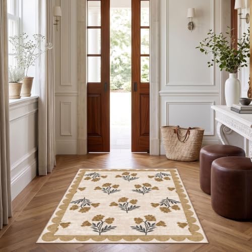 3x4 Floral Entry Rug - Small Washable Indoor Outdoor Mats for Front Door Non-Slip Porch Rug Beige Vintage Farmhouse Throw Rugs for Living Room Bedroom Entryway Kitchen Office Porch Decor - Image 4