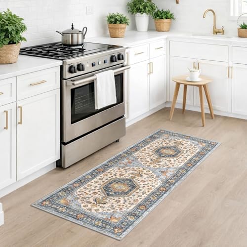 KUTA Vintage Washable Runner Rug, 2x5 Runners Ivory Blue 5ft Kitchen Rugs - Image 3