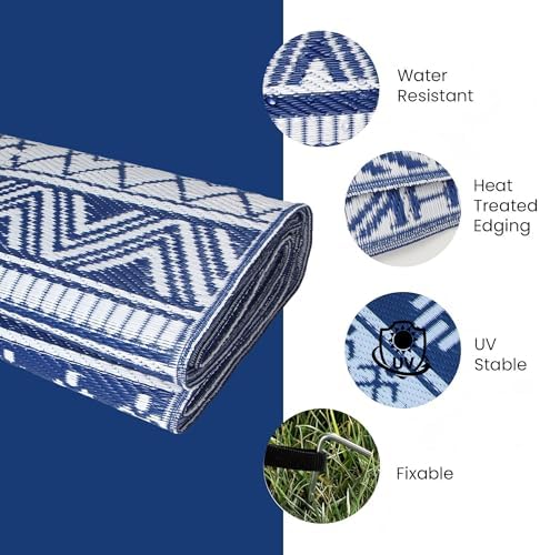 Outdoor Rug 9 x12 ft, Plastic Rug for Patio, Navy & White - Image 6