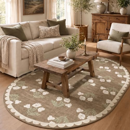5x8 Living Room Oval Rug - Tan Floral Scalloped Bedroom Area Rug by Othilic