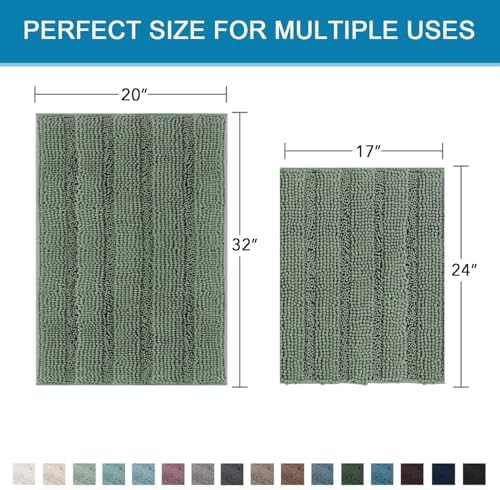 H.VERSAILTEX Bath Mat Set, 2 Piece Bath Mats Non Slip Thick Soft Chenille Striped Bath Rug Set, Bath Mats for Bathroom Sets (Green Bay, 20" x 32"/17" x 24") - Image 2