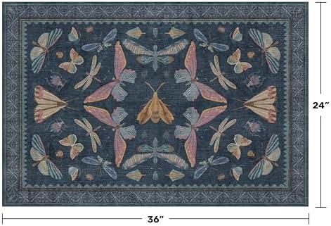 Dark Blue 2x3 Small Rugs for Bathroom Non Slip, Washable Vintage Boho Insect Rug for Kitchen Floor, Entryway Indoor, Powder Room, House Decor Aesthetic, Low Pile Non Slip Carpet - Image 2