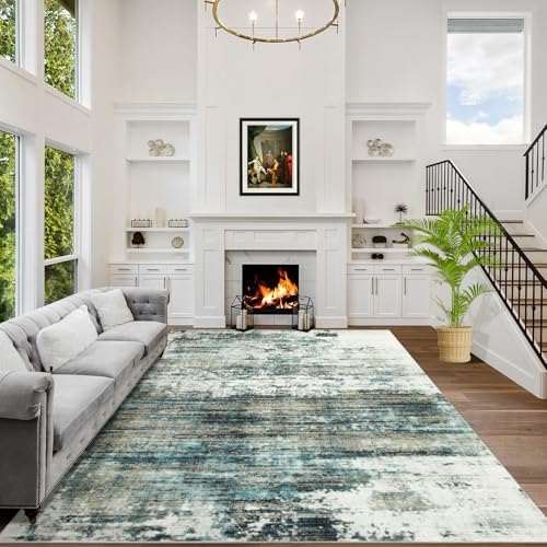 8x10 Area Rugs for Living Room: Washable Abstract Teal Green Bedroom Carpet by GENTDRIZZ