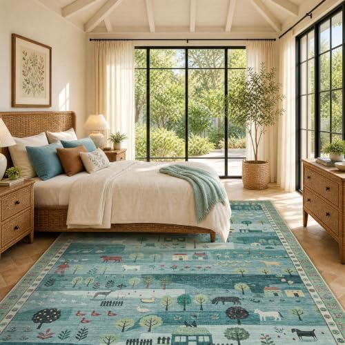 Machine Washable Area Rug 5x7, Soft Whimsical Rug, Vintage Farmhouse Green - Image 5